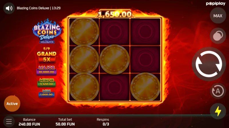 Blazing Coins Deluxe vòng quay lại màn hình trò chơi
