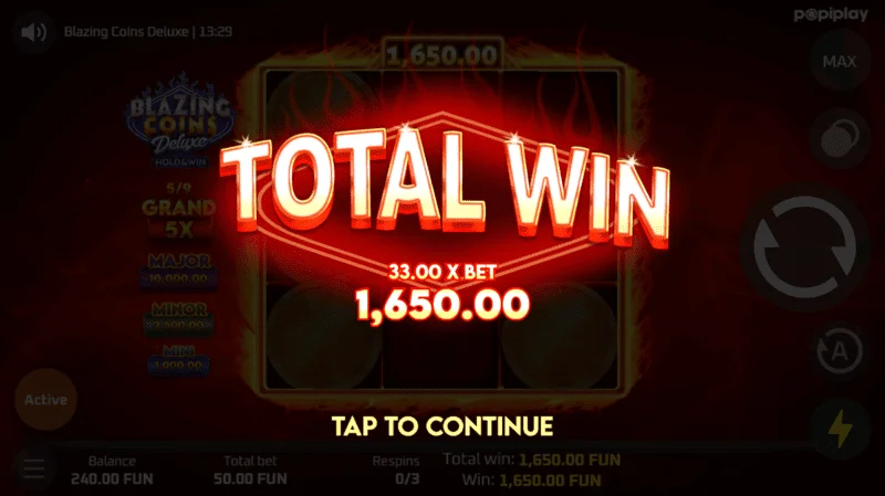 Blazing Coins Deluxe tổng thắng vòng quay lại